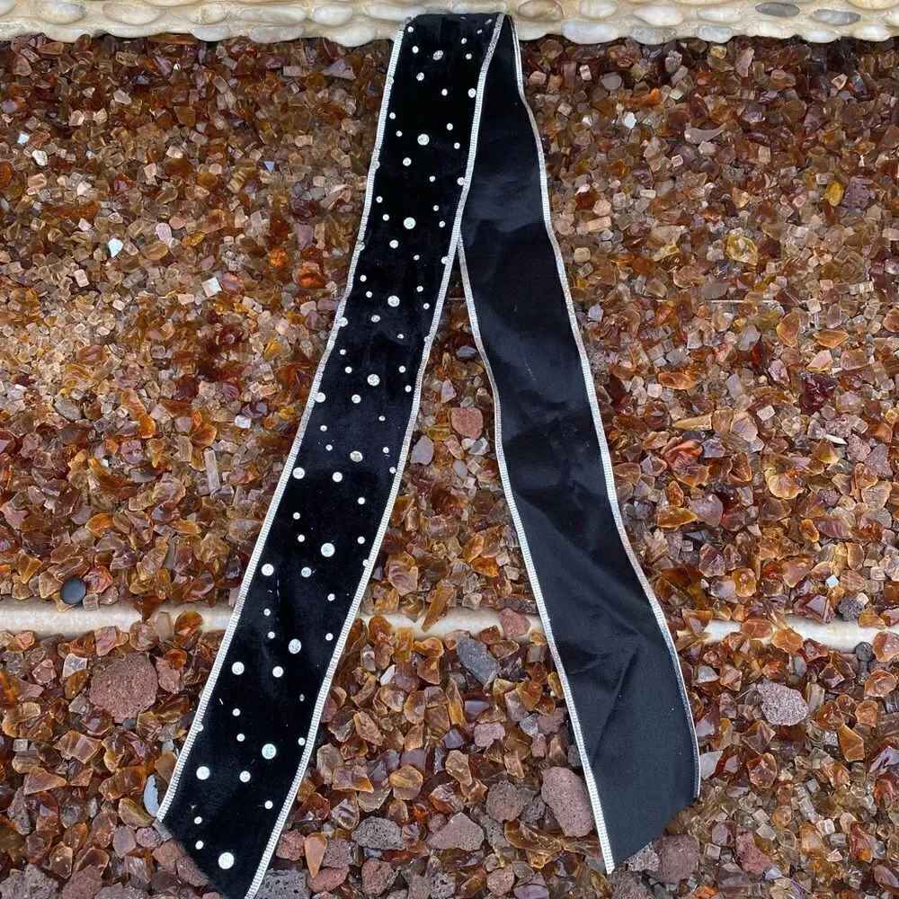 New Black Velvet Silver Sequin Pre-Cut Wire Ribbon. Various Sizes 22 pieces.